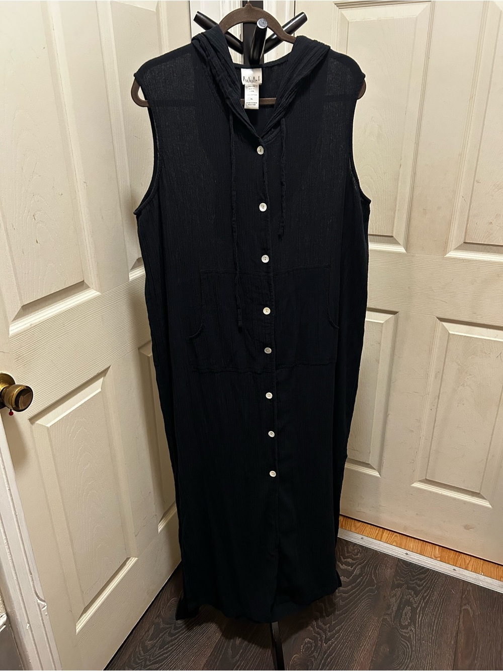 Black Hooded Button-Front Sleeveless Maxi Dress